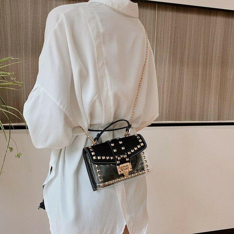 Marka projektant kobieta 2020 nowych moda torba łańcuchy koreańska torba na ramię kobiece nity przezroczysta mała kwadratowa torebka z PU