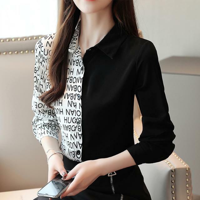 Camisa de seda de imitação para splicing cintura carta impressão manga longa chiffon camisa feminina