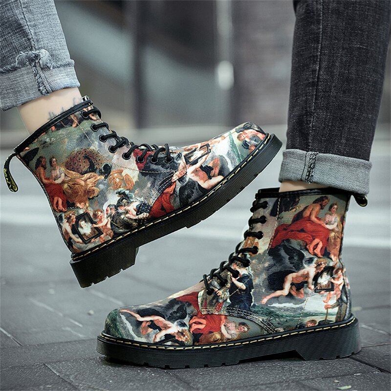 New men's high-end leather ink sandblasting oil painting couple high-top Martin boots, high-top outdoor tooling boots