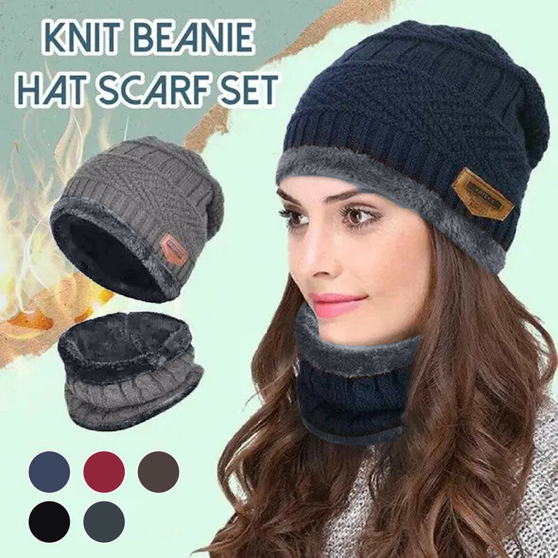 Men Women Winter Slouchy Beanie Hats Scarf Set Warm Knit Hat Skull Cap Neck Warmer with Thick Fleece Lined Winter Hat Scarf
