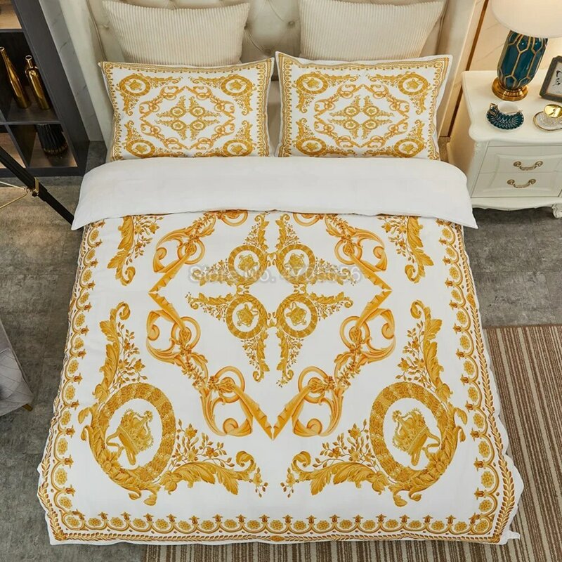 Presentes de luxo estilo europeu, conjunto de cama barroco, branco, dourado, macio, confortável, capa de edredom, fronha, 3 peças