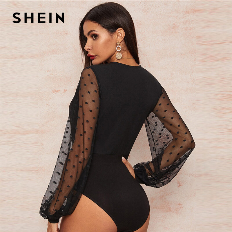 SHEIN Sexy Black Plunging Neck Dobby Mesh Lantern Sleeve Wrap Bodysuit Women Spring Summer Solid Sheer High Waist Bodysuits