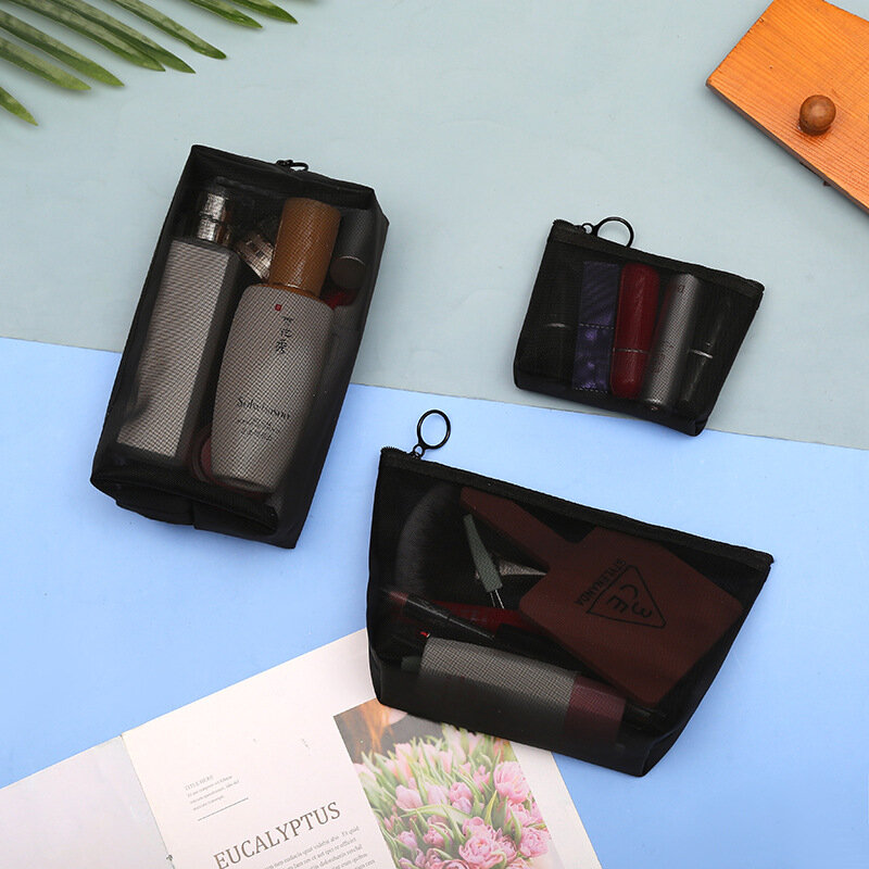 Bolsa de cosméticos de malha transparente, bolsa preta de armazenamento de três peças com grande capacidade de malha, bolsa de viagem para armazenamento de maquiagem