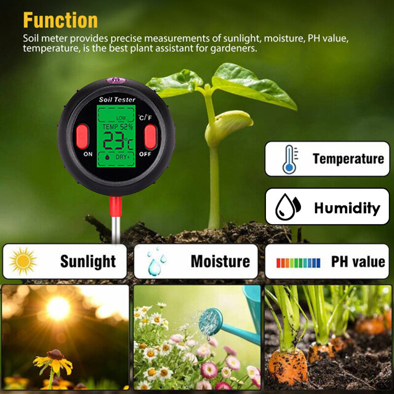 Medidor Digital de pH del suelo 3/4/5 en 1, medidor de humedad, niveles de PH, temperatura, luz solar, medidor de intensidad de humedad, pantalla LCD retroiluminada grande