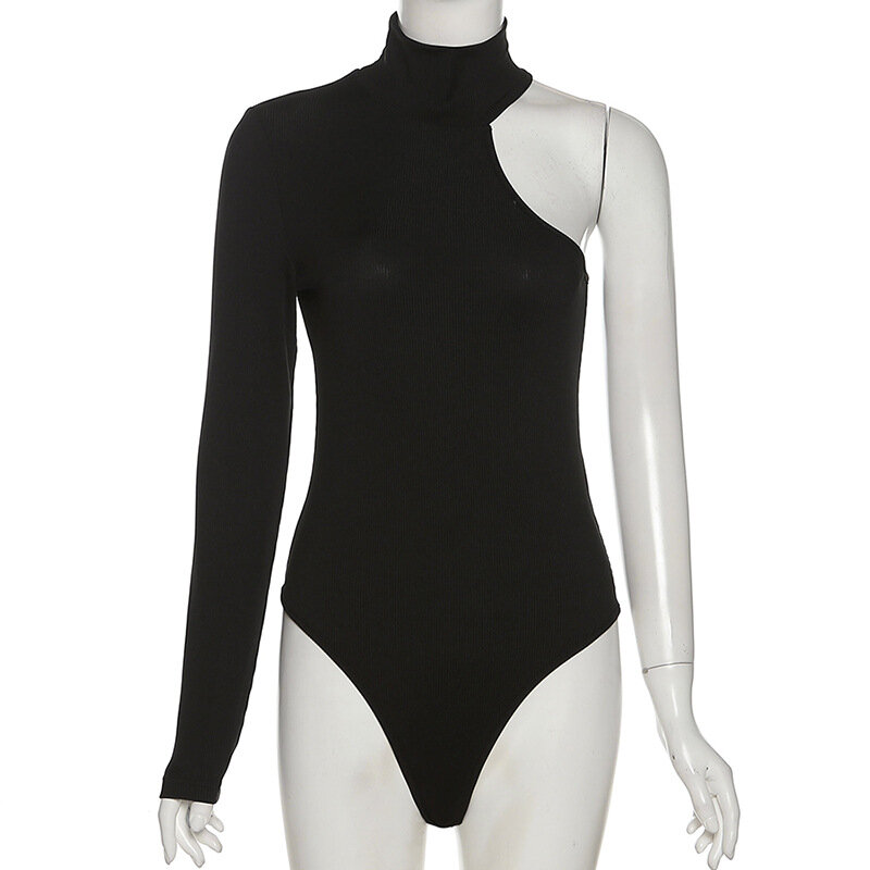 Women One Shoulder Turtleneck Bodysuit 2022 Spring Autumn One Sleeve Knit Jersey Black Body Suit Top Romper One Pieces Yuqung