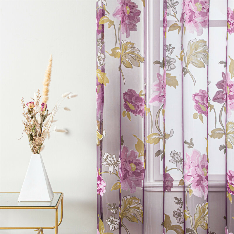 Topfinel-cortinas para sala de estar transparentes de tul con flores, cortinas púrpuras de tamaño personalizado para ventana de salón y dormitorio