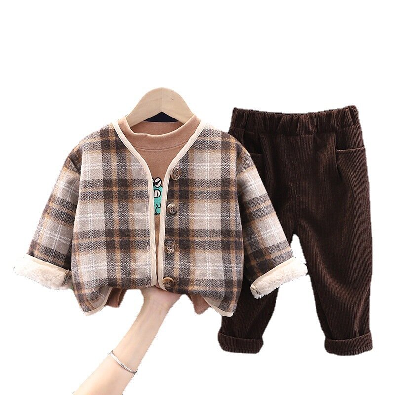 Three-piece suit of small and medium-sized boys small plaid windproof warmth and fleece jacket bottoming sweater casual trousers
