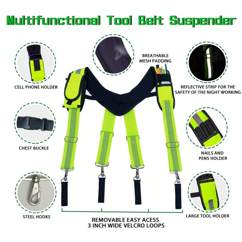 Tool Belt Suspenders Construction Work Suspenders With Detachable Phone Holder Comfortable Foam Shoulder Padder