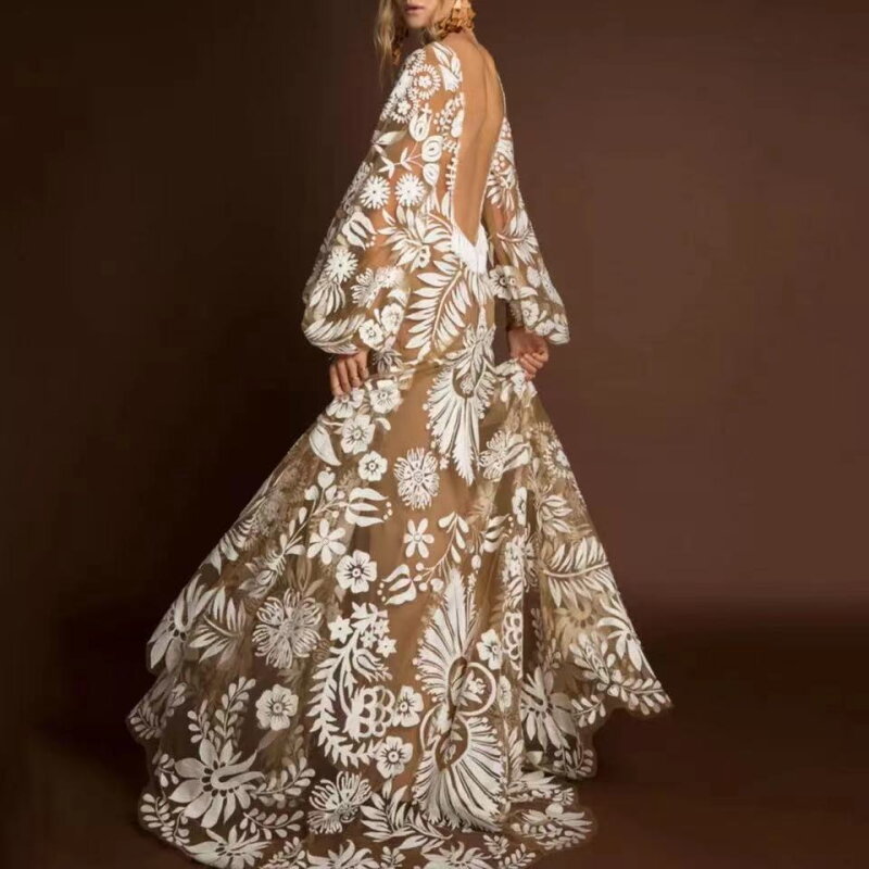 Женское свадебное платье с длинным рукавом, кружевное платье с глубоким V-образным вырезом и открытой спиной, Пляжное ранчо с блестками, мод...