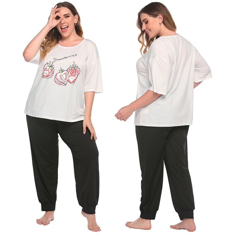 Conjuntos femininos de pijamas plus size, pijamas femininos estampados manga curta casuais folgados