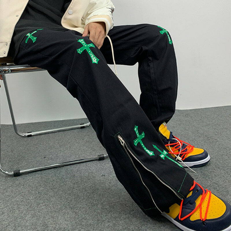 Мужские мешковатые брюки на молнии, с вышивкой крестом, в стиле K-POP