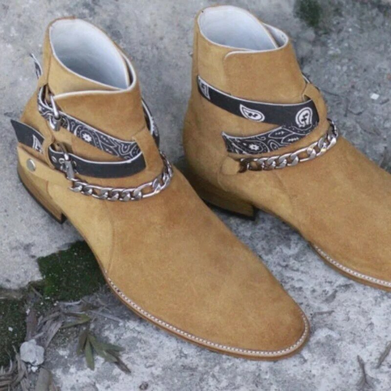 2021 New Men Fashion Trend All-match Dress Shoes Handmade Brown Suede Retro Metal Chain Printed Belt Buckle Ankle Boots KG580