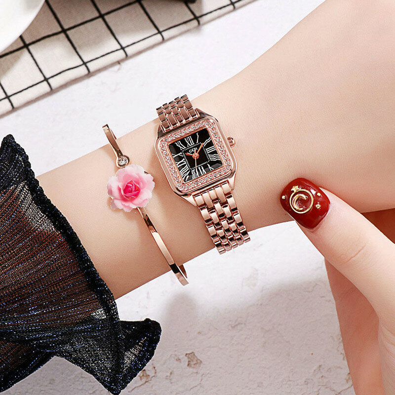 新ファッションラインストーン正方形のダイヤル腕時計女性高級ブランドステンレス鋼ブレスレット腕時計レディースクォーツドレスウォッチmontreファム