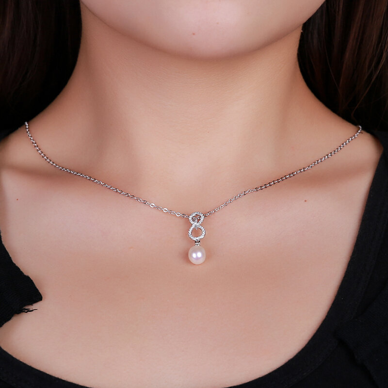 Collar de aleación de perlas de agua dulce Natural de 0,33 pulgadas, colgante de perlas, figura de imitación blanca, forma de 8 con pequeños diamantes brillantes