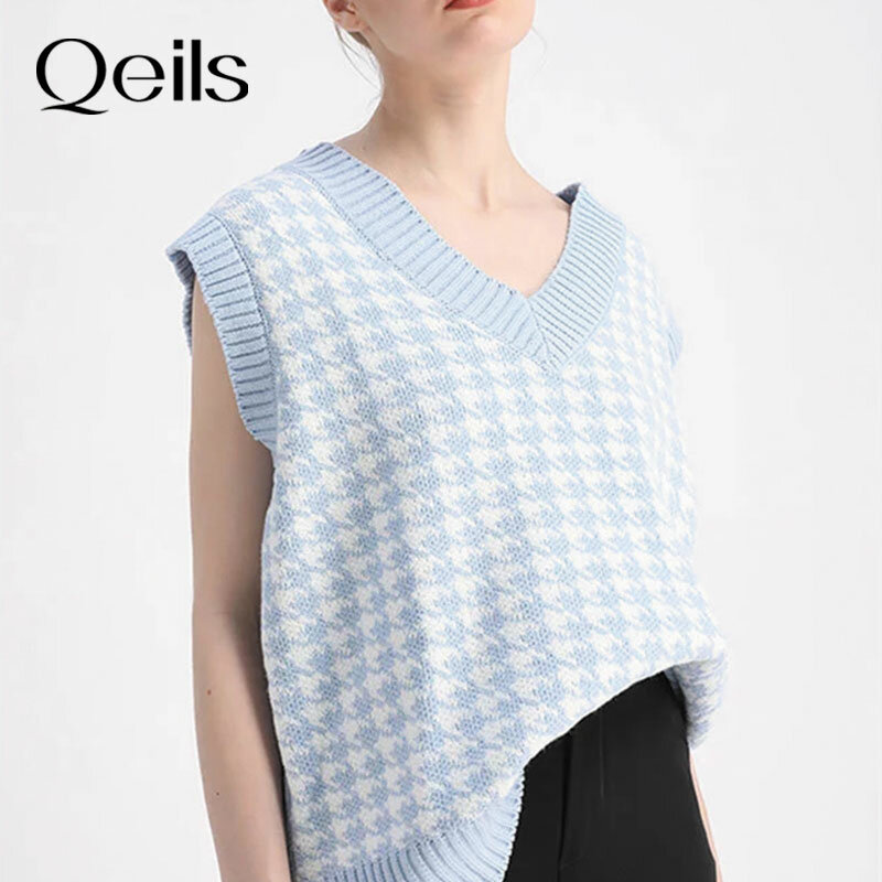 Qeils Women 2021 Fashion Oversized Houndstooth Knitted Vest Sweater Vintage Sleeveless Side Vents Female Waistcoat Tops