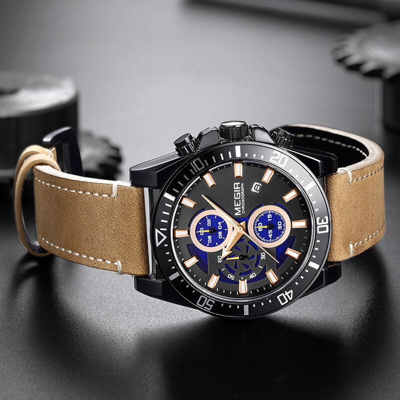 MEGIR – montre en cuir à Quartz pour hommes, chronographe décontracté, marque de luxe, Sport, nouvelle collection 2020