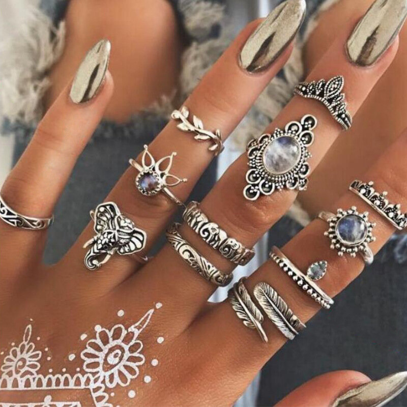 Conjunto de anillos para nudillos de mujer, joyería bohemia y vintage, con cristal de forma geométrica, de elefante, media luna y corona, por 20 estilos