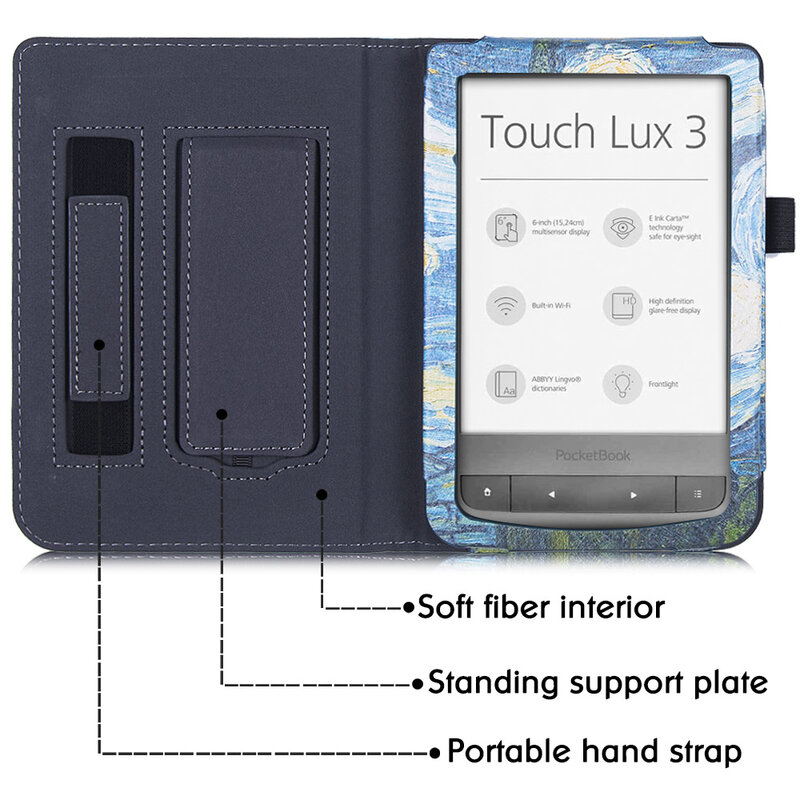 Capa folio para o toque de chá lux 2/tea touch lux 3 ereader-capa protetora premium com suporte dobrado alça de mão/fecho magnético