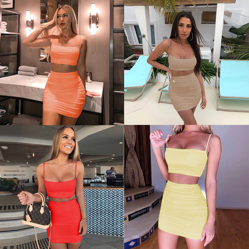 Women Two Piece Set Summer Sexy Spaghetti Strap Vest Backless Crop Tops Pleated Wrap Club Party Bodycon Mini Skirts Lady Outfits