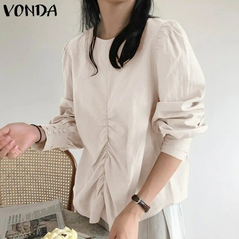 Однотонная блузка VONDA 2022, женские повседневные топы с длинным рукавом, Сексуальная вечерняя блузка с пышными рукавами, женские блузки больш...