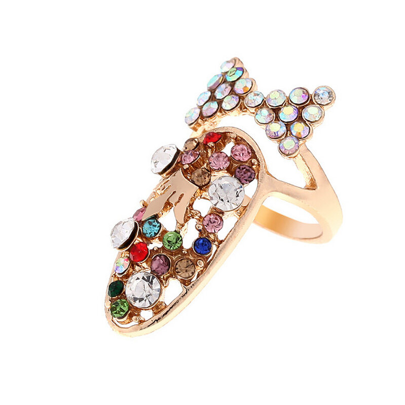 Feminino vogue bowknot anel de unha charme coroa flor cristal dedo unha anéis