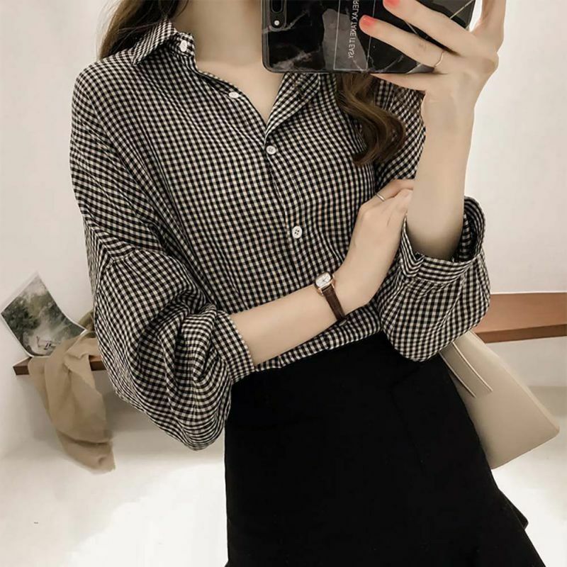 Camisa de manga comprida feminina listrado xadrez ol feminino blusas plus size blusa moda feminina blusas e blusas 4xl s1