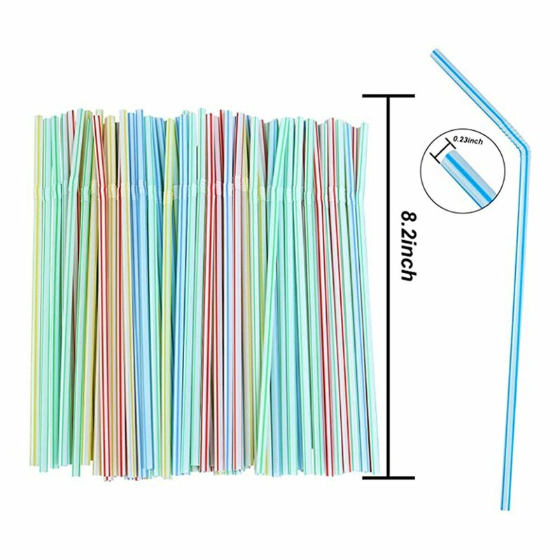 100 Pcs Disposable Plastic Drinking Straws Multi-Colored Striped Bendable Elbow Straws Party Event Alike Supplies Color Random
