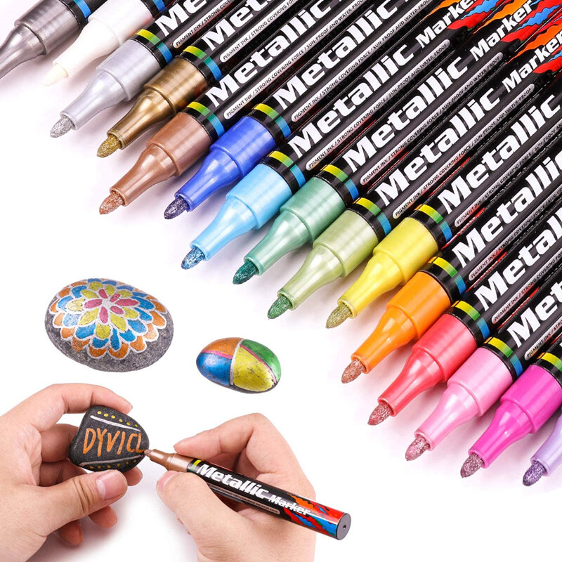 Gn 24 cores metálico marcador canetas para pintura de rocha ponto médio marcadores de cor metálicos para scrapbooking plástico de vidro cerâmico