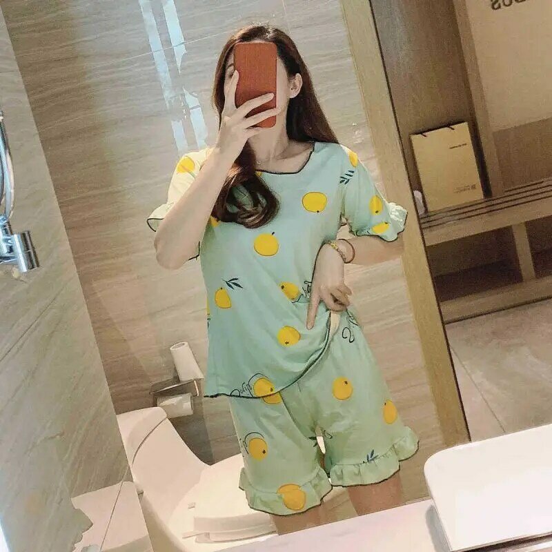 Conjunto de pijamas para mujer, ropa de dormir suelta de manga corta con estampado de frutas y alfabeto, con cuello redondo, para el hogar