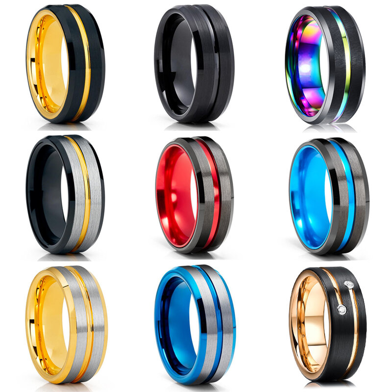 FDLK-anillos de acero inoxidable para hombre, arcoíris azul y rojo, anillo con borde biselado, anillo de fibra de carbono, joyería de banda de boda para hombre