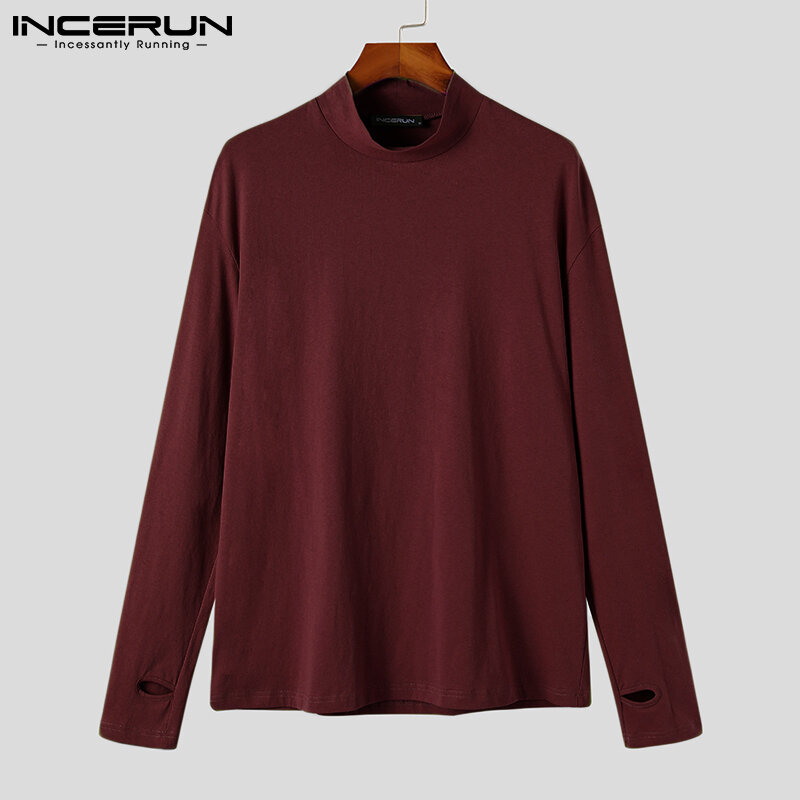 Stylish New Men's Camiseta Half High Neck Male Solid All-match Simple Pullover Bottoming T-shirts Long Sleeve Tees S-5XL INCERUN