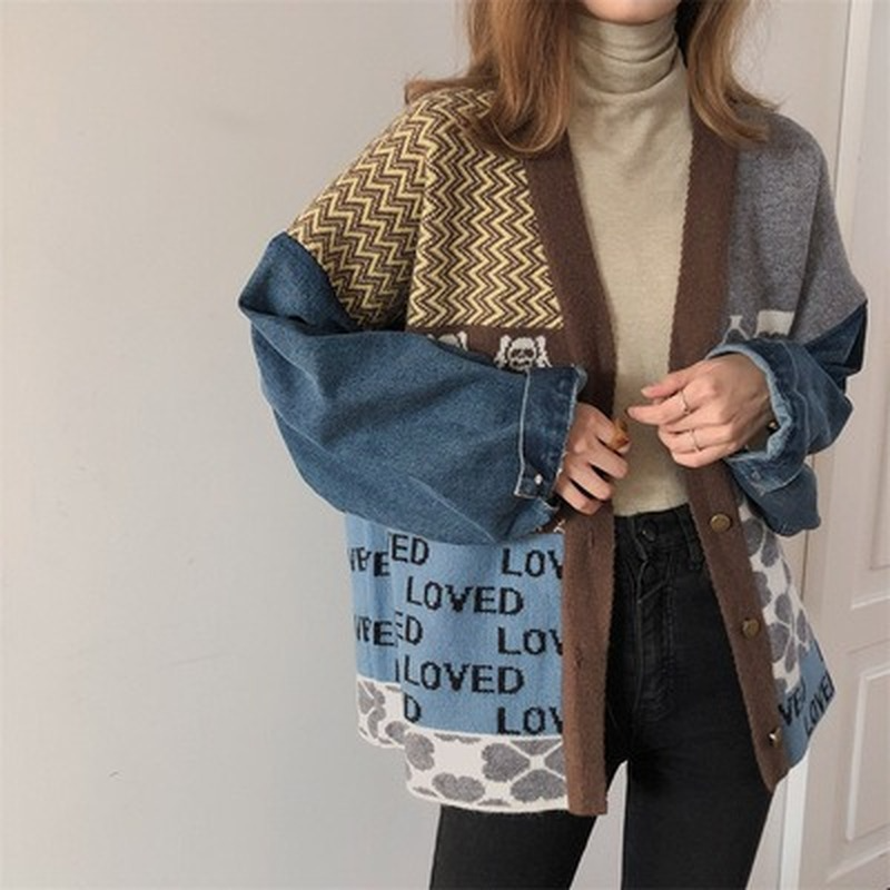 Винтажный вязаный кардиган WeiYao, свитер, женское джинсовое пальто в стиле пэчворк, трикотажная одежда с V-образным вырезом и длинным рукавом, ...