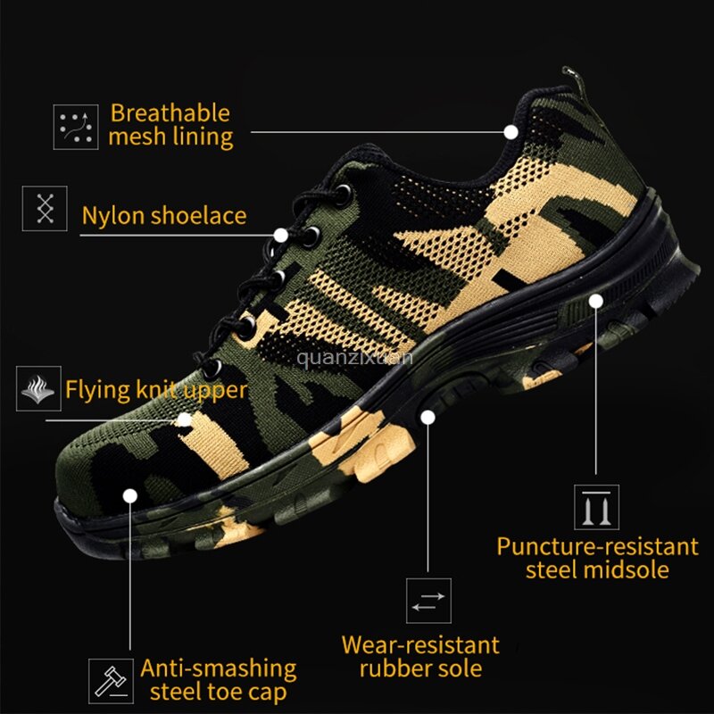 Sapatos de segurança de camuflagem sapatos de aço indestrutível sapatos de dedo do pé à prova de punção botas de segurança de trabalho masculino
