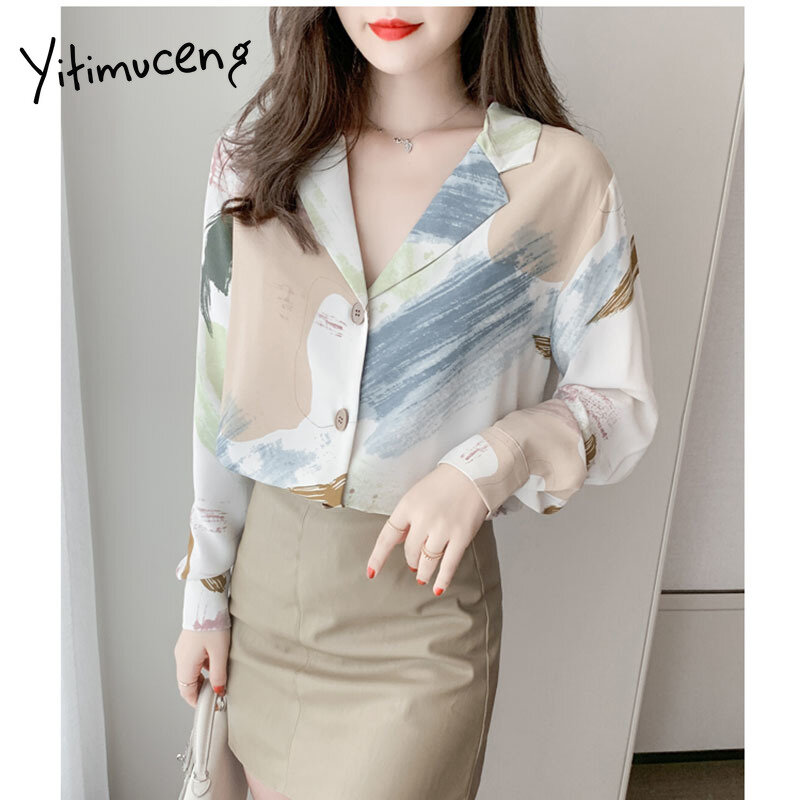 Yitimuceng พิมพ์เสื้อผู้หญิงเสื้อใหม่ฤดูใบไม้ผลิ2021แฟชั่นสไตล์เกาหลีแขนยาว Notched Single Breasted เสื้อลำลอง
