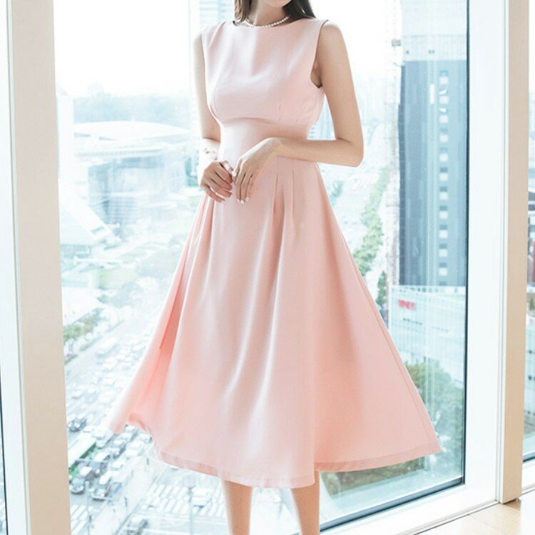 2021 Summer Vintage Elegant Pink Midi Dress Women Office OL Work Sleeveless High Waist Slim A-Line Dresses Vestidos