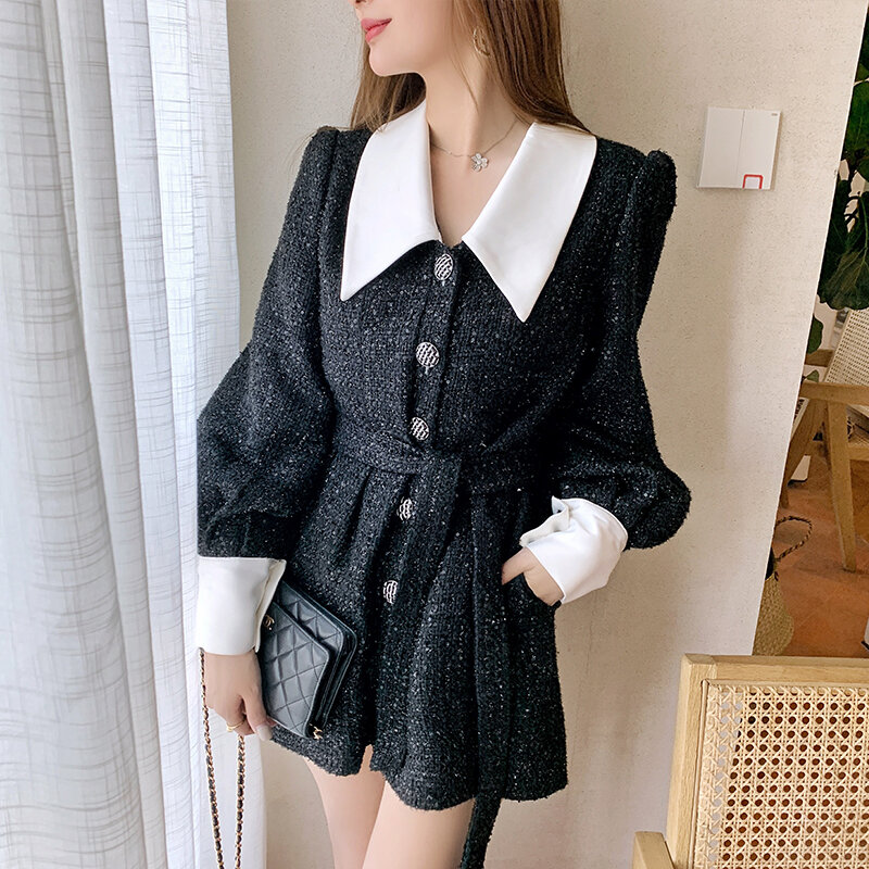 Macacão feminino manga comprida xadrez tweed, casaco liso com lapela, elegante, de alta qualidade, preto, outono 2020