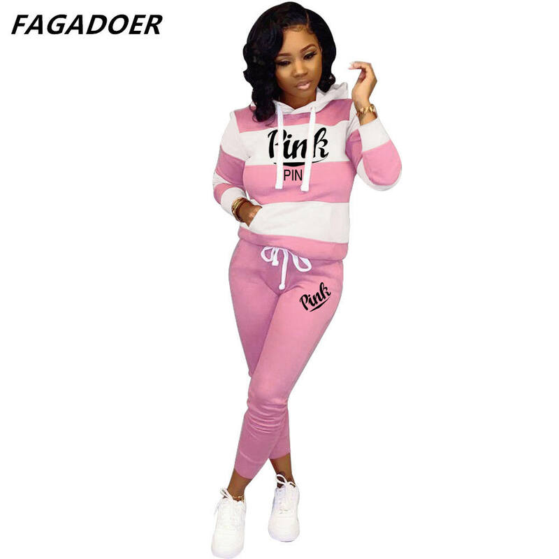 FAGADOER-Conjunto de dos piezas formado por Sudadera con capucha y pantalón para mujer, chándal informal, con estampado de letras, color rosa, Otoño e Invierno