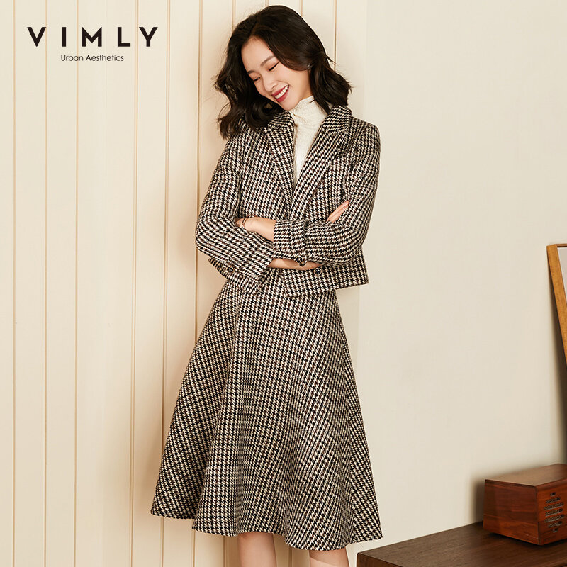 Vimly-여성용 겨울 패션 울 블레이저 짧은 재킷, 하이 웨이스트 체크 무늬 스커트, 우아한 의상 F3037