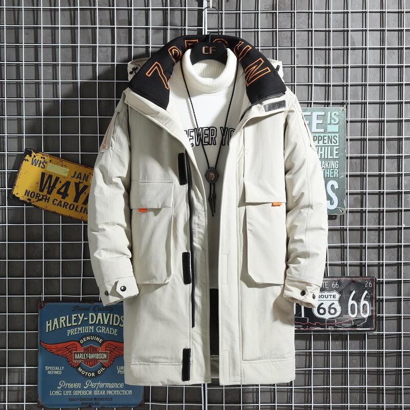 2021 겨울 다운 재킷 두꺼운 코트 남성 후드 따뜻한 중간 길이 파카 화이트 오리 패션 남성 겨울 다운 재킷