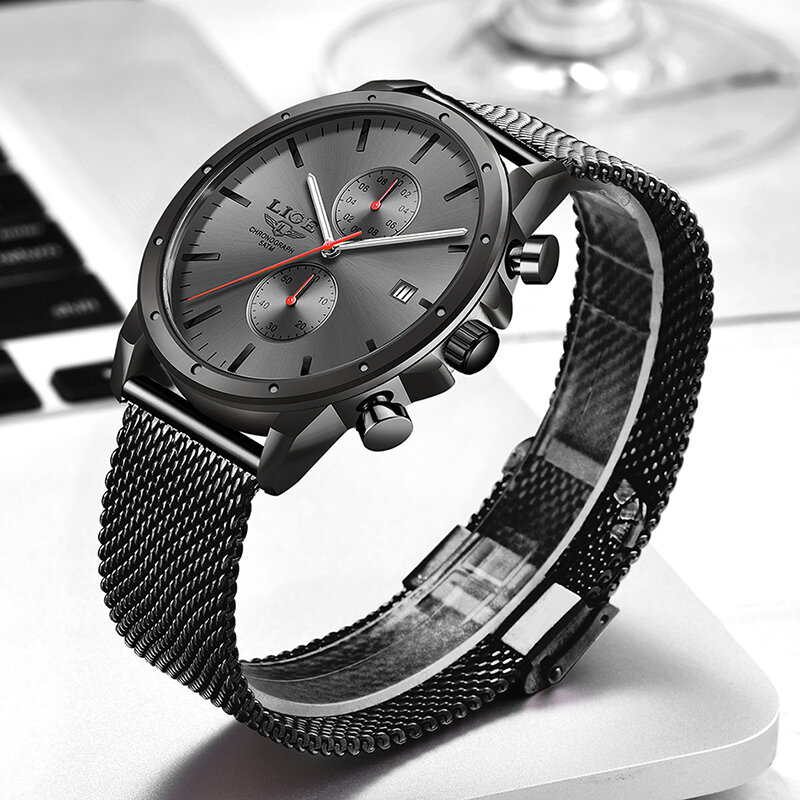 Часы наручные LIGE Мужские кварцевые с хронографом, роскошные брендовые полностью стальные водонепроницаемые аналоговые, с коробкой