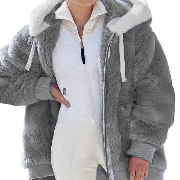 Nova roupa cor sólida solto plush zíper com capuz outono e inverno de manga comprida cardigan quente jaqueta feminina xl s --- 5xl