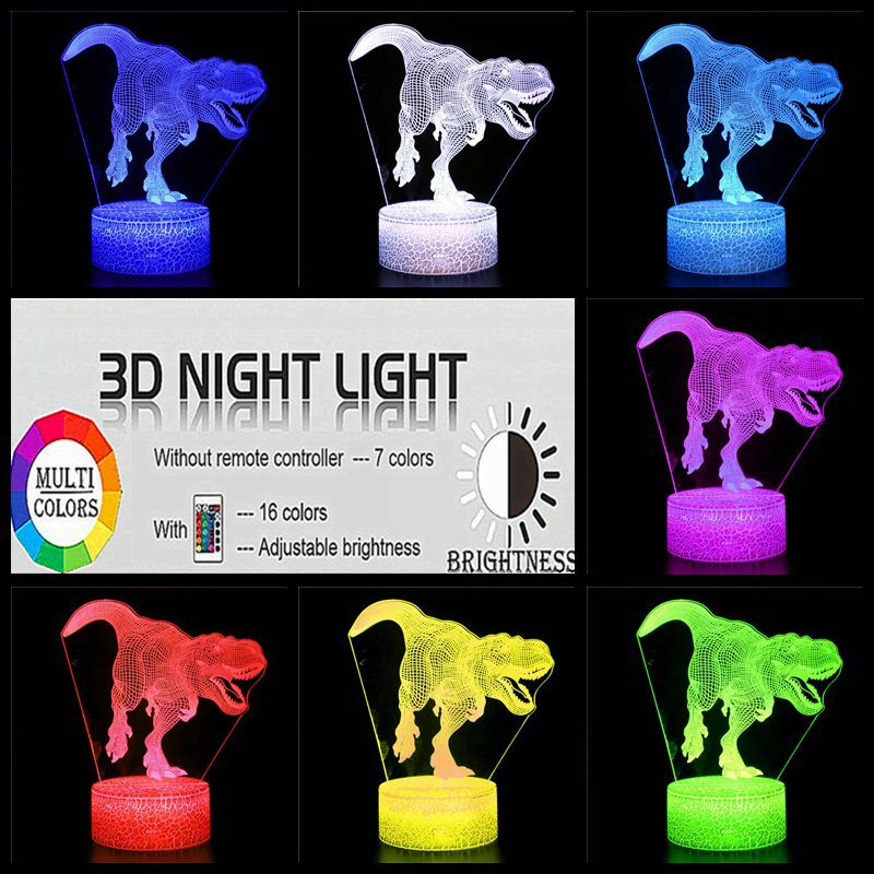 3D Cool Boy Fashion Persoonlijkheid Ontwerp Speelgoed Voor Dinosaurus Nachtlampje, 16-Kleur Afstandsbediening Nachtlampje Illusion Speelgoed Gift