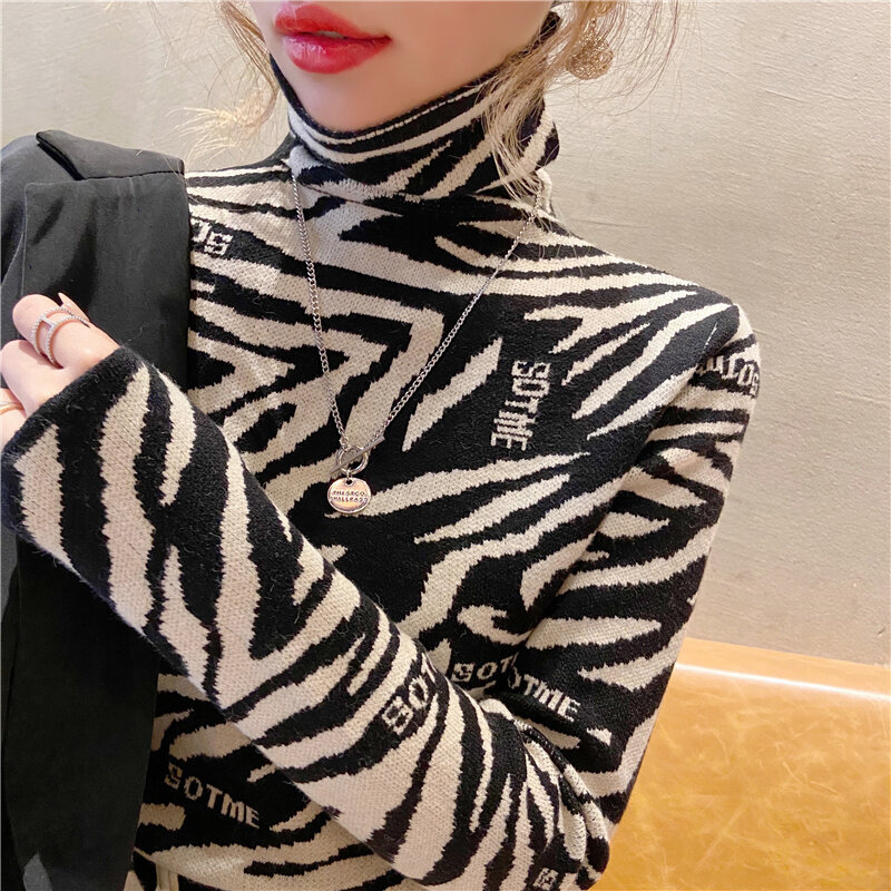 Zagęścić swetry damskie jesienne zimowe ciepłe golfy Casual Fashion Leopard Lady swetry dziergany sweter Top Pull Femme