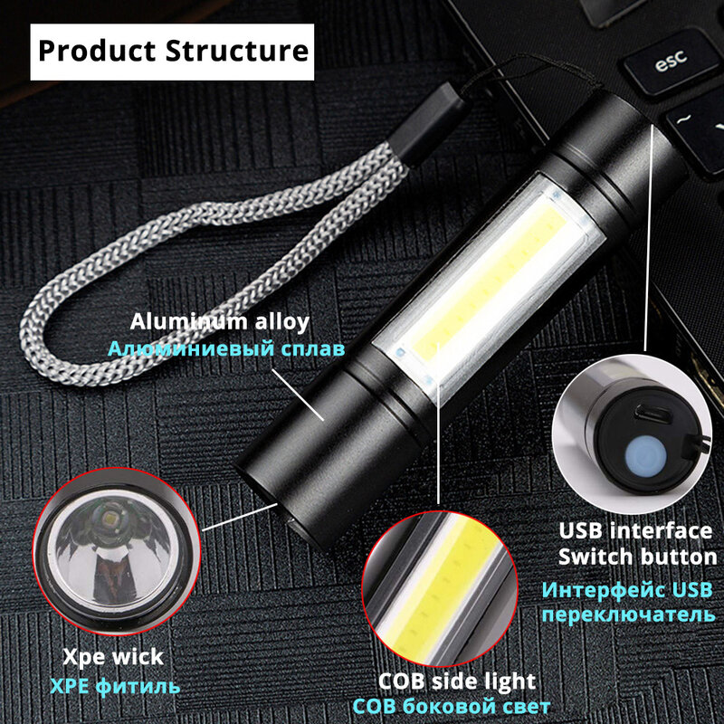 USB akumulator Mini LED latarka 3 tryby oświetlenia wodoodporna latarka Zoom teleskopowy stylowy przenośny garnitur oświetlenie nocne