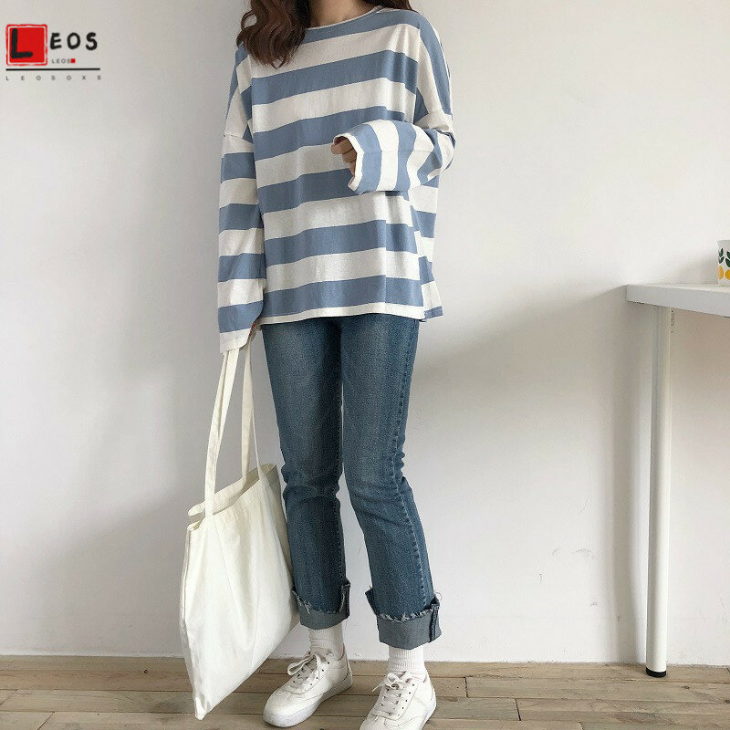 Harajuku Gestreepte T-shirt Vrouwen Koreaanse Losse Lange Mouwen Voor Plus Size Streetwear Vrouwelijke Lente Nieuwe Casual Mode Tees Top