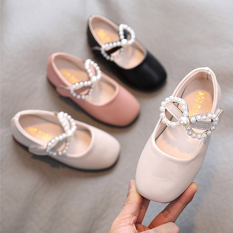 Chaussures de printemps pour filles, Mary Janes à nœud papillon, chaussures de princesse à boucles de perles scintillantes pour enfants et bébés, plate et peu profonde, 2021