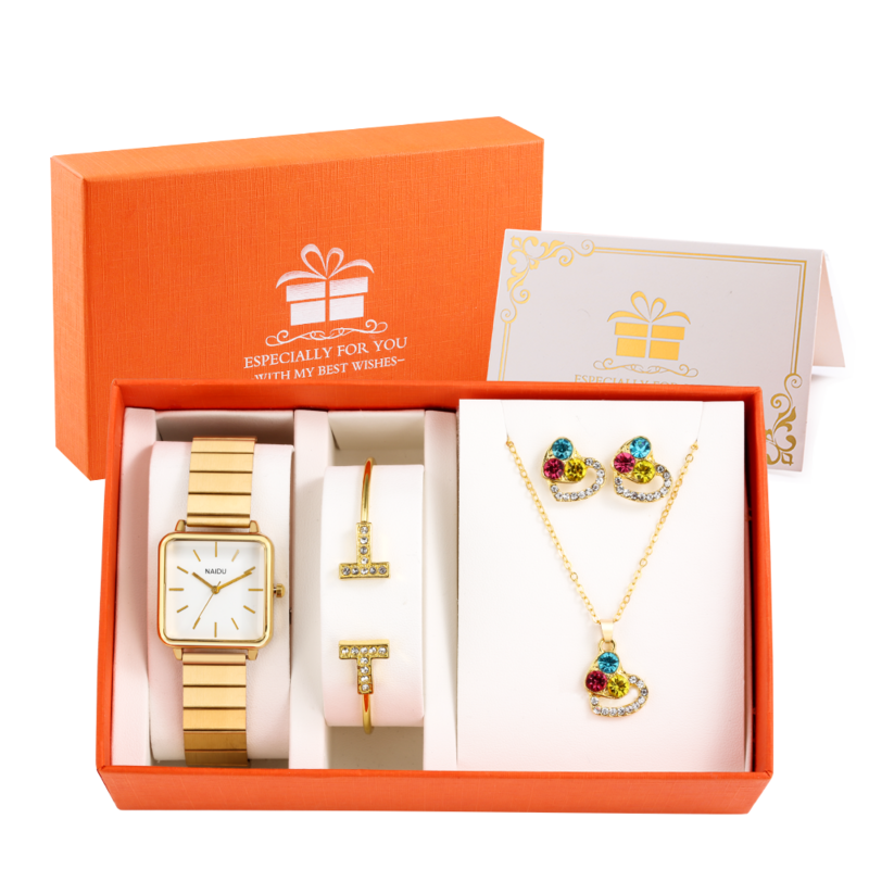 NAIDU-relojes de cuarzo rectangulares para mujer, conjunto de Pulsera de tres colores con collar de diamantes y pendientes, correa de acero inoxidable