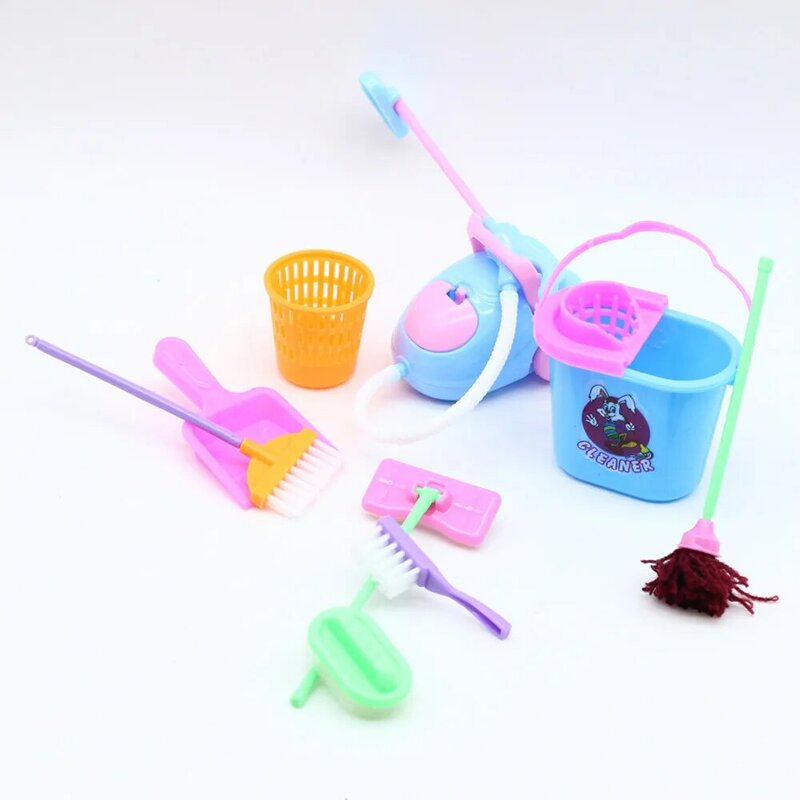9 pçs bonecas fingir jogar brinquedos bonecas móveis kit de limpeza conjunto engraçado vaer mop vassoura ferramenta brinquedos casa bonecas miniaturecuum limpo