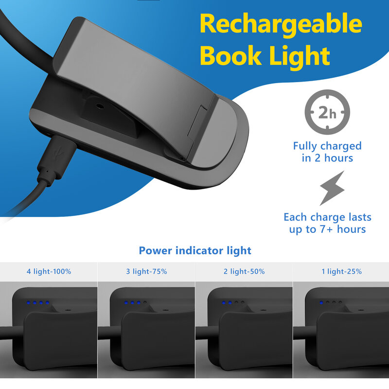 Recarregável mini led livro luz ajustável usb mesa luz flexível clip-on livro lâmpada abs noite lâmpada de mesa de leitura 3 níveis