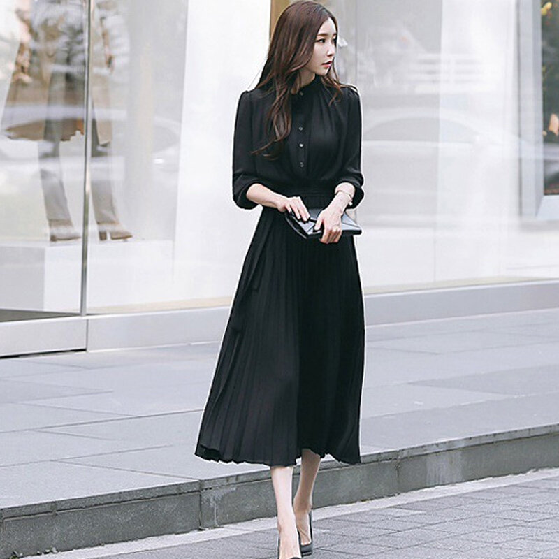 Elegant เสื้อโปโล Office Lady ชุดสตรีสไตล์เกาหลีฤดูใบไม้ผลิฤดูใบไม้ร่วงแขนยาวจีบเอว Slim A-Line ชุดลำลองหญิง...
